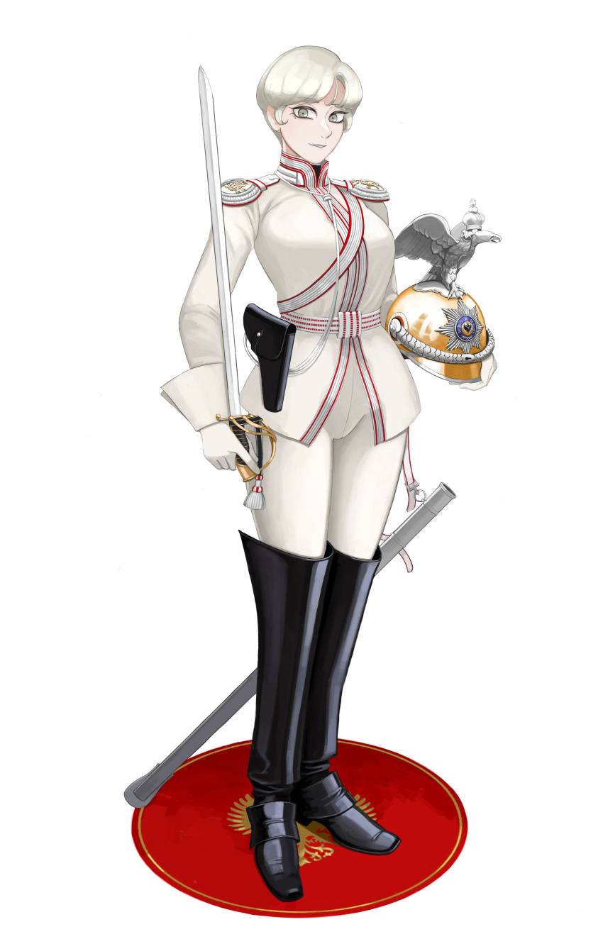 1girl, absurdres, army, bird, black_boots, boots, breasts, carpet