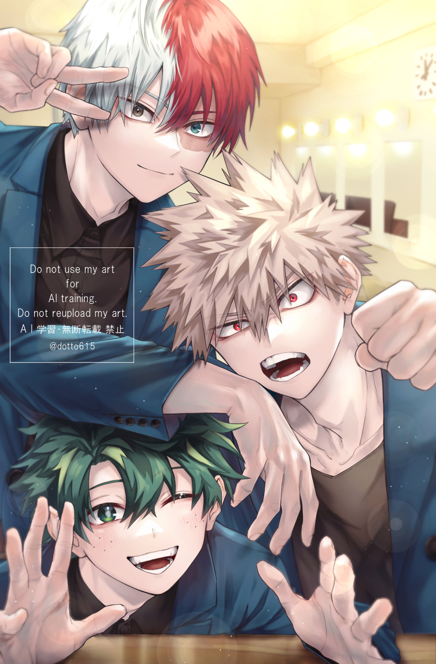 3boys, ;d, arm_on_another's_head, artist_name, bakugou_katsuki, black_shirt, blonde_hair, blue_jacket