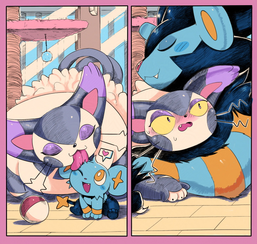 :3, absurdres, animal_focus, before_and_after, black_claws, blush, border, bright_pupils, cat, claws, closed_eyes, closed_mouth, colored_sclera, commentary, cuddling, english_commentary, english_text, fangs, fluffy, flustered, full_body, heart, highres, hug, indoors, licking, licking_another, light_rays, looking_at_another, luxray, lying, no_humans, one_eye_closed, open_mouth, orange_eyes, pink_border, poke_ball, pokemon, pokemon_(creature), powerandy, purugly, role_reversal, scratching_post, shinx, sitting, size_difference, sleeping, smile, speech_bubble, spoken_heart, sunbeam, sunlight, sweat, sweatdrop, teeth, tongue, tongue_out, upper_body, violet_eyes, whiskers, white_pupils, yellow_sclera