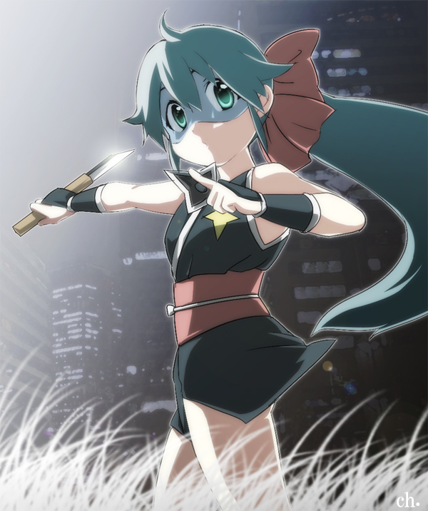 azumaya_koyuki, bow, choco_(pixiv29111), city, green_eyes, green_hair, hair_bow, japanese_clothes