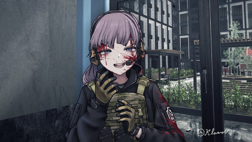 1girl, absurdres, artist_name, black_jacket, blood, blood_on_face, brown_hair, bulletproof_vest, commentary, ear_protection, english_commentary, escape_from_tarkov, game_screenshot_background, gloves, highres, jacket, klamol, lapwing_(vrchat), looking_at_viewer, magazine_(weapon), mechanix_wear, microphone, open_mouth, screenshot_background, smile, solo, teeth, two-tone_gloves, vrchat