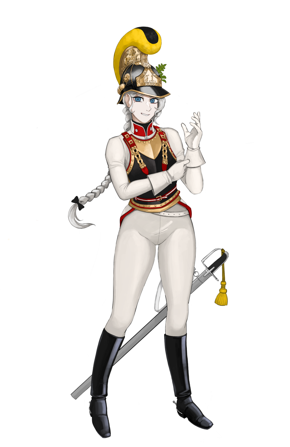 1girl, adjusting_clothes, adjusting_gloves, austria, belt, black_boots, black_bow, blue_eyes