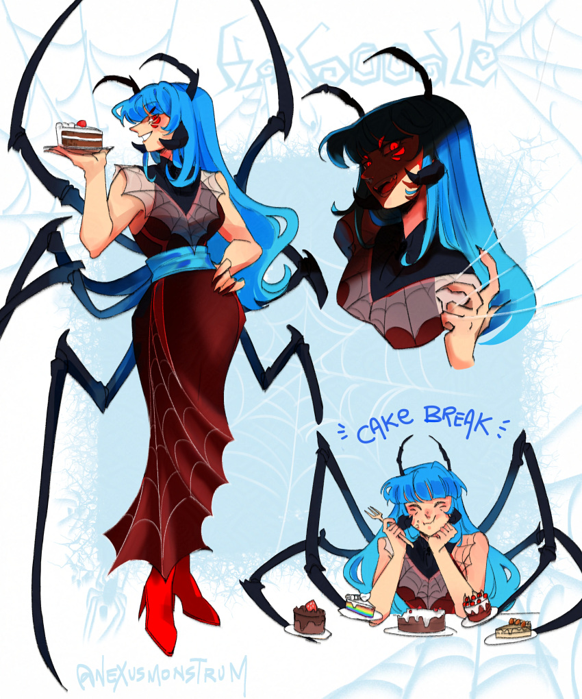 1girl, absurdres, animification, antennae, arthropod_girl, blue_hair, boots, cake, cake_slice, commentary, dress, eating, english_commentary, extra_arms, extra_eyes, food, hand_on_own_hip, high_heel_boots, high_heels, highres, holding, holding_cake, holding_food, kaboodle, long_hair, minecraft_youtube, monster_girl, multiple_views, nexusmonstrum, rats_smp, red_boots, red_eyes, spider_girl, standing, very_long_hair