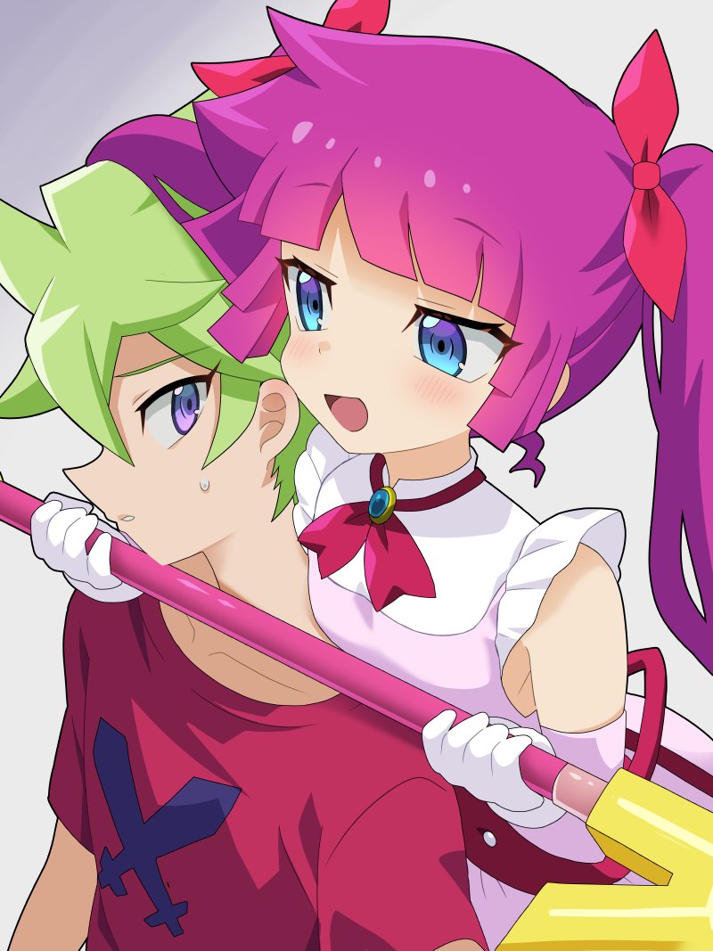 1boy, 1girl, bare_shoulders, blue_eyes, brother_and_sister, dress, green_hair, grey_background