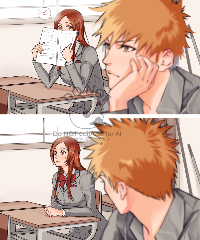 1boy, 1girl, bleach, bow, brown_hair, collared_shirt, desk, grey_shirt
