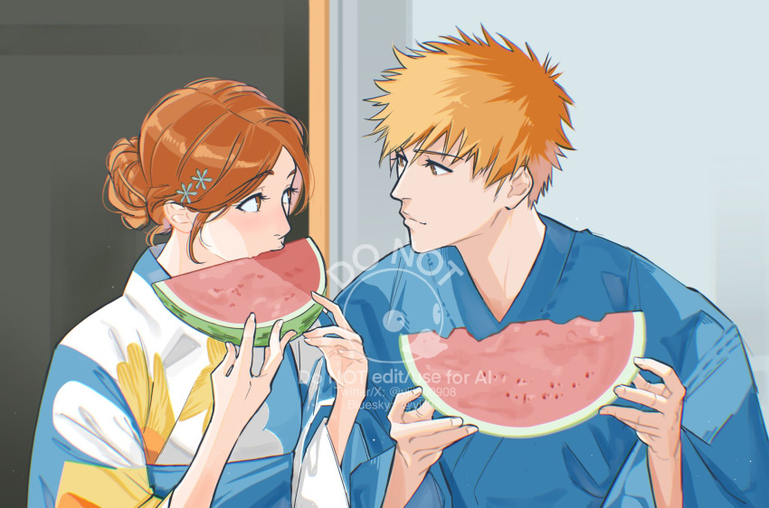 1boy, 1girl, bleach, blue_kimono, brown_eyes, couple, eating, eye_contact