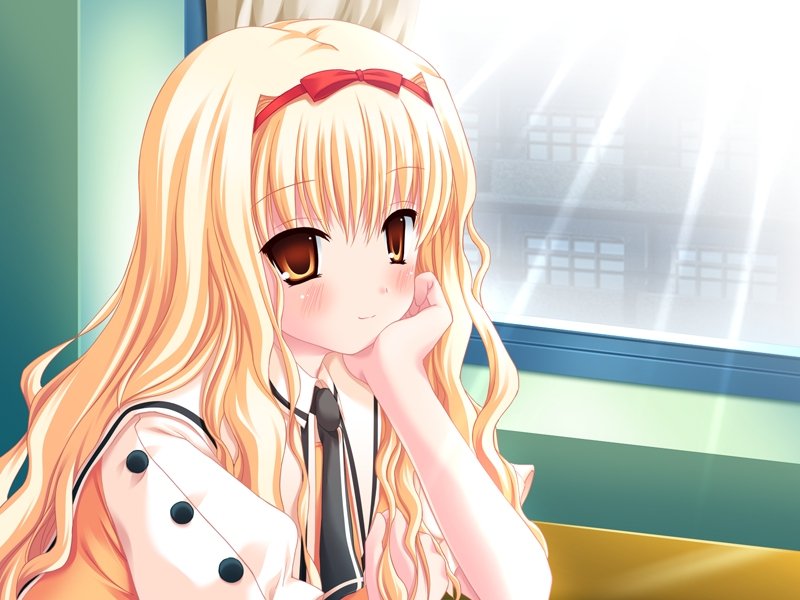 arisugawa_yuuhi, blonde_hair, blush, buttons, day, fairchild, game_cg, hair_ornament