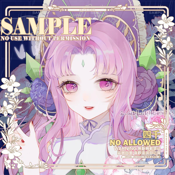 1girl, blue_background, bonnet, bug, butterfly, collared_dress, dress, eyelashes, floral_background, flower, flower_in_eye, forehead_jewel, frilled_headwear, hand_up, happy, juzi_haosuan, light_blush, lips, long_hair, looking_at_viewer, low_twintails, nail_polish, neck_ribbon, original, parted_bangs, parted_lips, picture_frame, pink_lips, purple_bonnet, purple_flower, purple_hair, purple_ribbon, purple_rose, red_nails, ribbon, rose, sample_watermark, sidelocks, smile, solo, symbol_in_eye, teeth, too_many_watermarks, twintails, upper_body, upper_teeth_only, very_long_hair, violet_eyes, watermark, white_dress