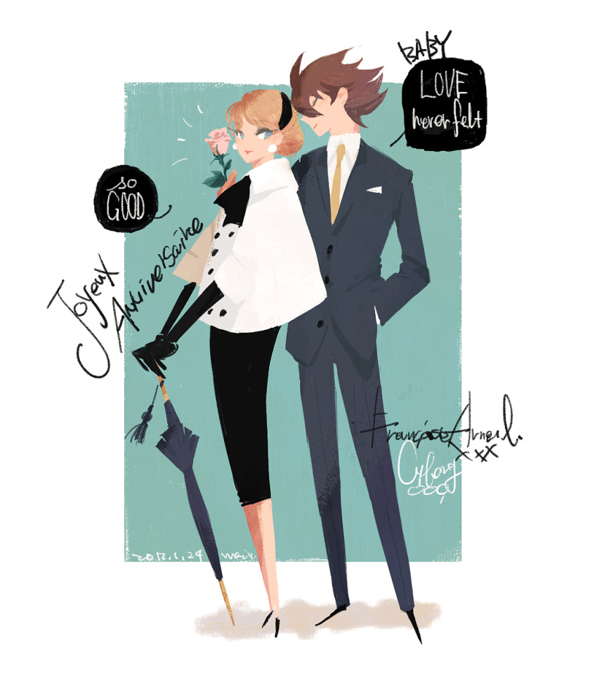 1boy, 1girl, black_dress, black_gloves, black_hairband, black_shoes, black_suit, blonde_hair