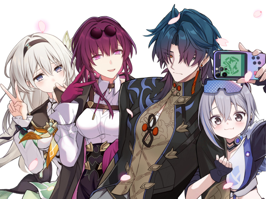 1boy, 3girls, aqua_dress, black_coat, black_hairband, black_jacket, blade_(honkai:_star_rail), blue_pupils