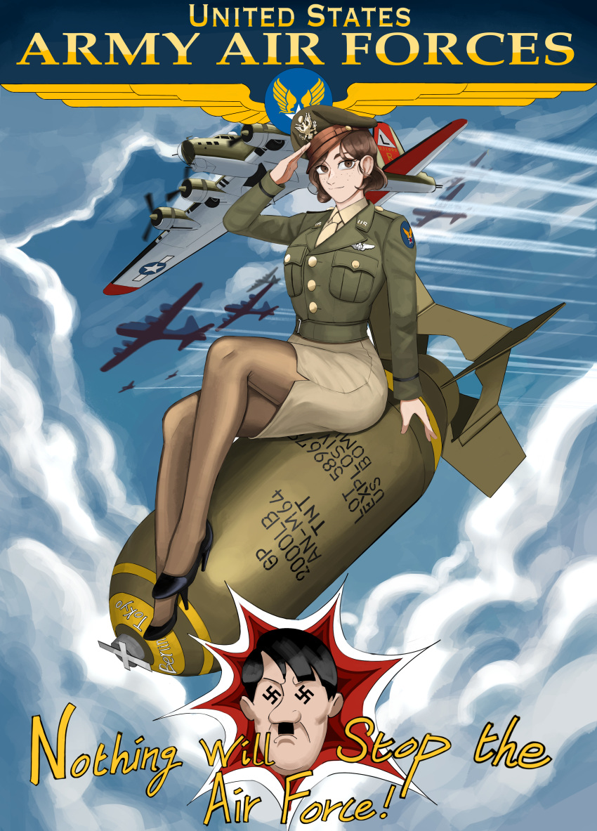 1boy, 1girl, absurdres, adolf_hitler, aircraft, airplane, b-17_flying_fortress, bald_eagle