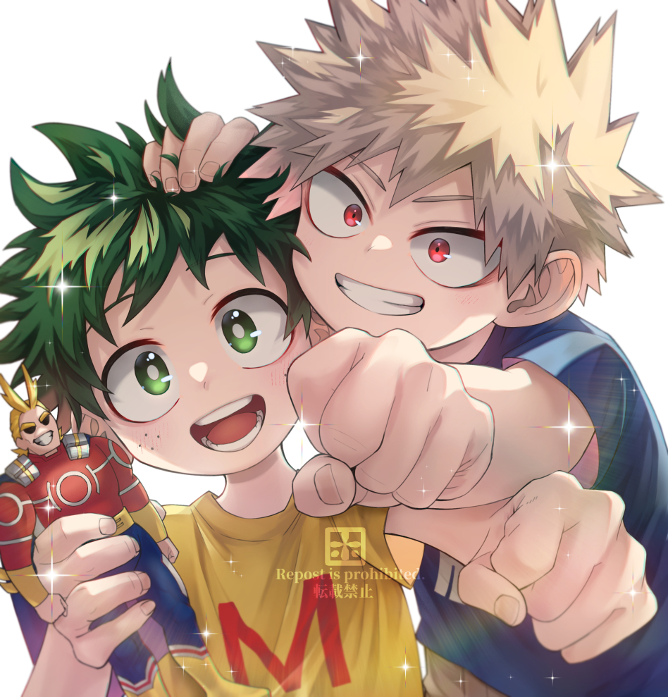 2boys, :d, action_figure, aged_down, all_might, bakugou_katsuki, blonde_hair, blue_shirt, blush, boku_no_hero_academia, child, clenched_hand, commentary_request, freckles, green_eyes, green_hair, grin, hand_on_another's_head, ho_(dotto615), holding, looking_at_viewer, male_focus, midoriya_izuku, multiple_boys, open_mouth, outstretched_arm, red_eyes, shirt, short_hair, short_sleeves, smile, sparkle, spiky_hair, t-shirt, teeth, v-shaped_eyebrows, watermark, white_background, yellow_shirt