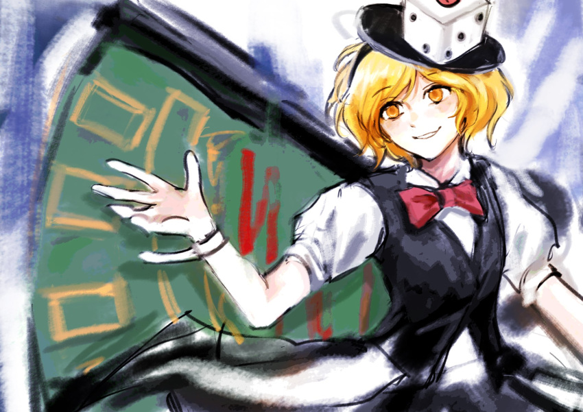 1other, androgynous, black_vest, blonde_hair, blue_background, bow, bowtie, dice_hair_ornament