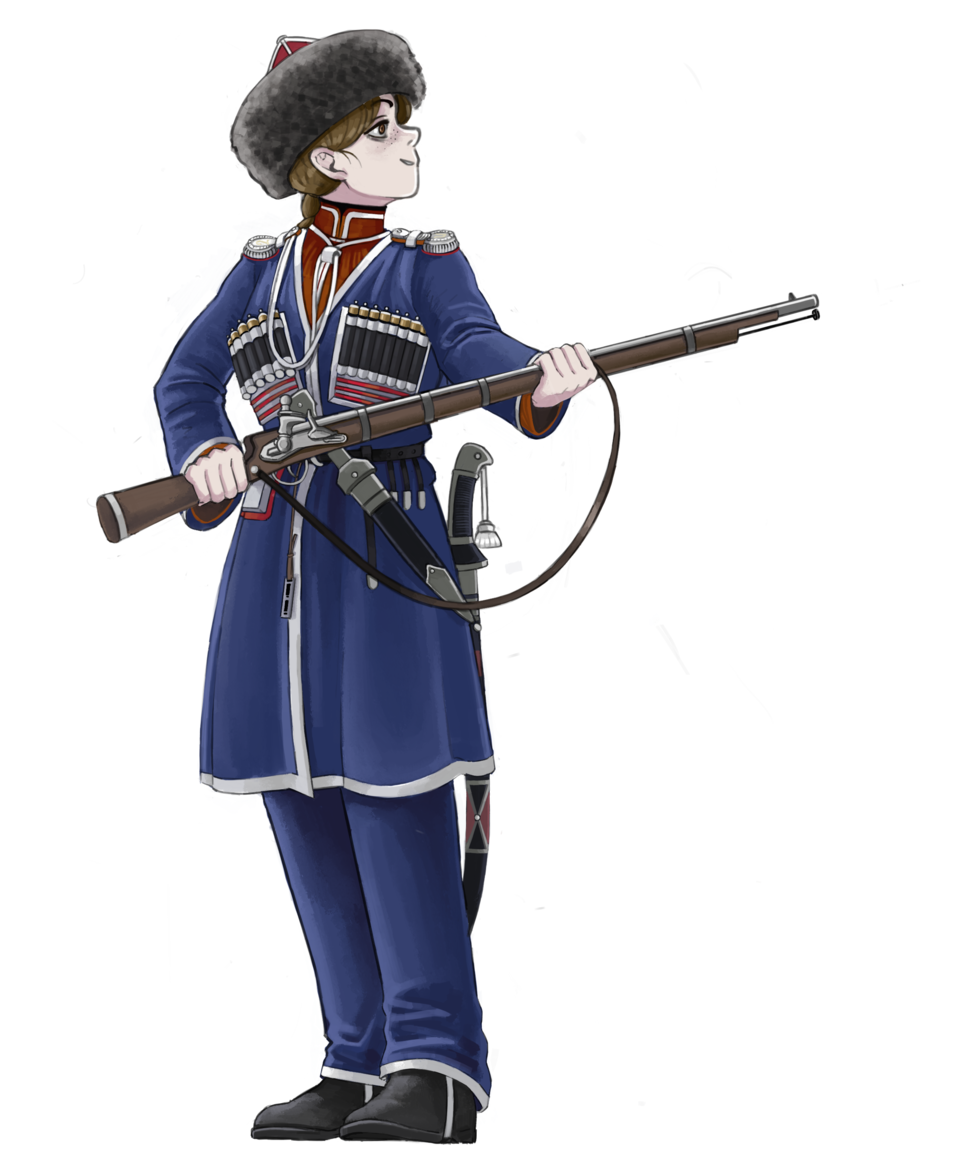 1girl, antique_firearm, army, bags_under_eyes, belt, black_boots, blue_coat, blue_pants, boots, braid, brown_eyes, brown_hair, cherkeska, coat, cossack, dagger, epaulettes, firelock, flintlock, freckles, full_body, fur_hat, gazyr, gun, gun_sling, hat, high_collar, holding, holding_weapon, katyusha_(98269886), kindjal, knife, lanyard, looking_to_the_side, military, military_uniform, musket, original, pants, papakha, red_shirt, red_trim, red_undershirt, scabbard, shashka, sheath, sheathed, shirt, short_hair, simple_background, smile, solo, standing, weapon, white_background, white_trim