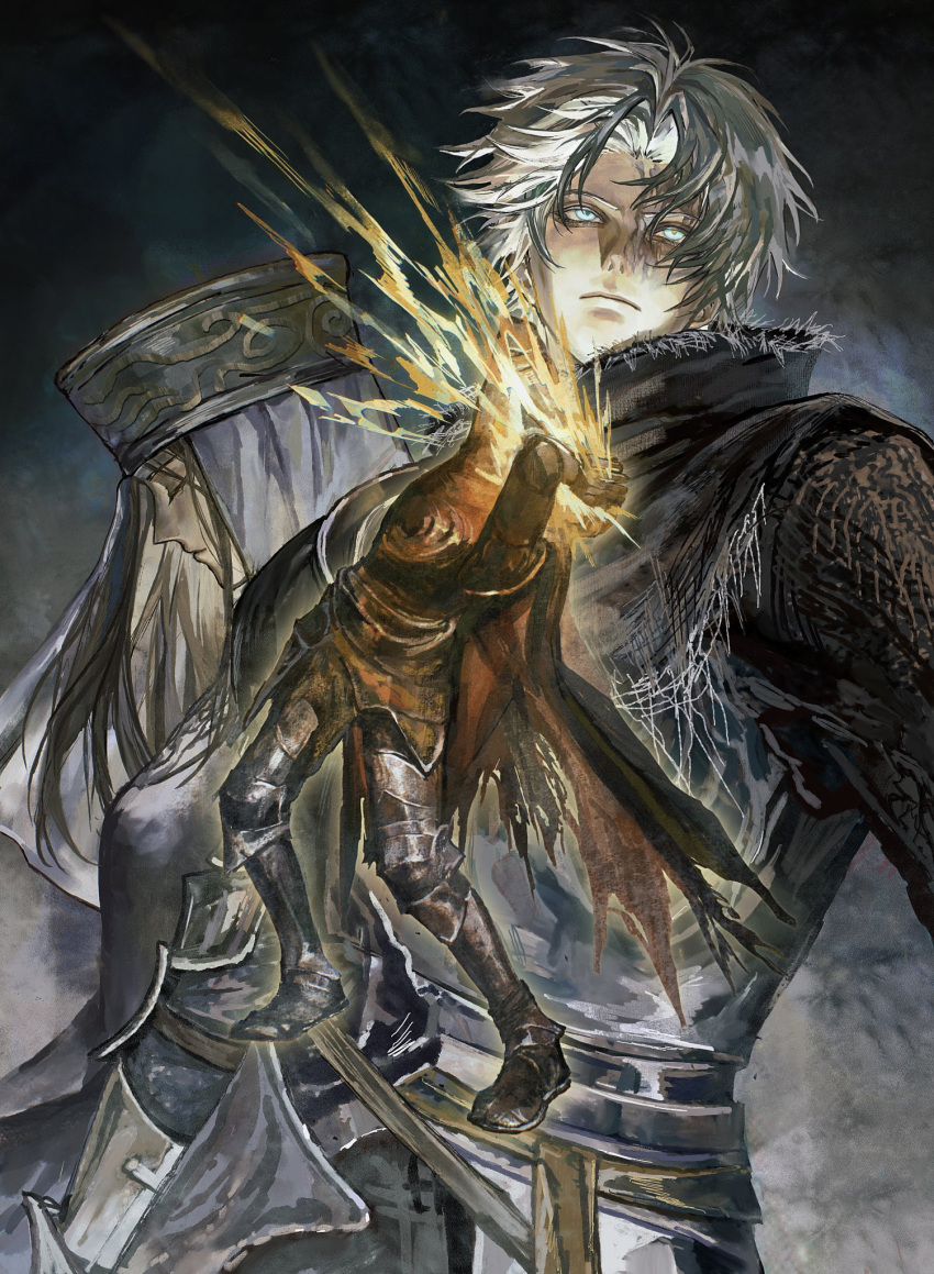1boy, 1girl, armor, black_cape, black_hair, blue_eyes, bonley, cape