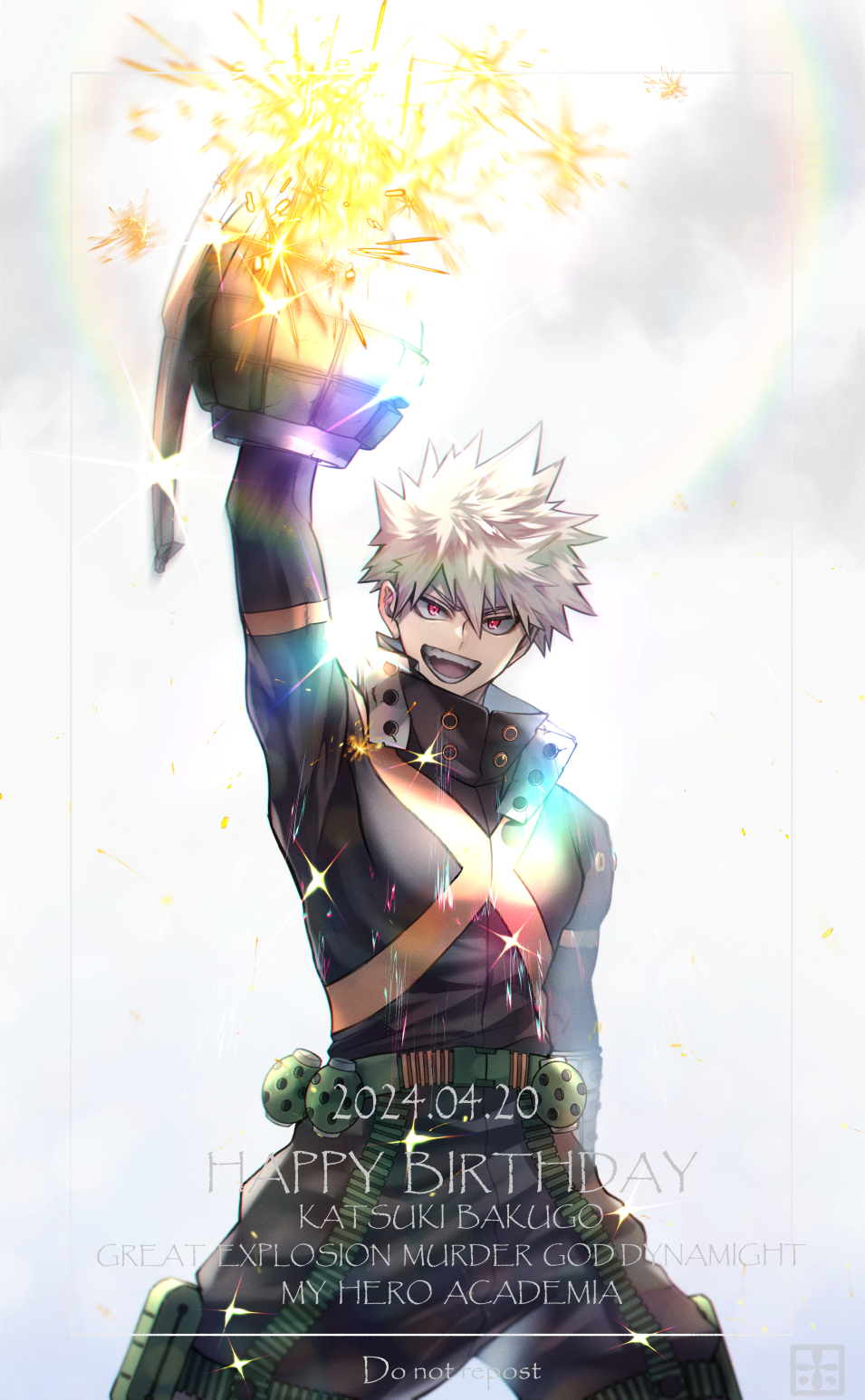 1boy, :d, arm_up, bakugou_katsuki, belt, black_pants, black_shirt, blonde_hair