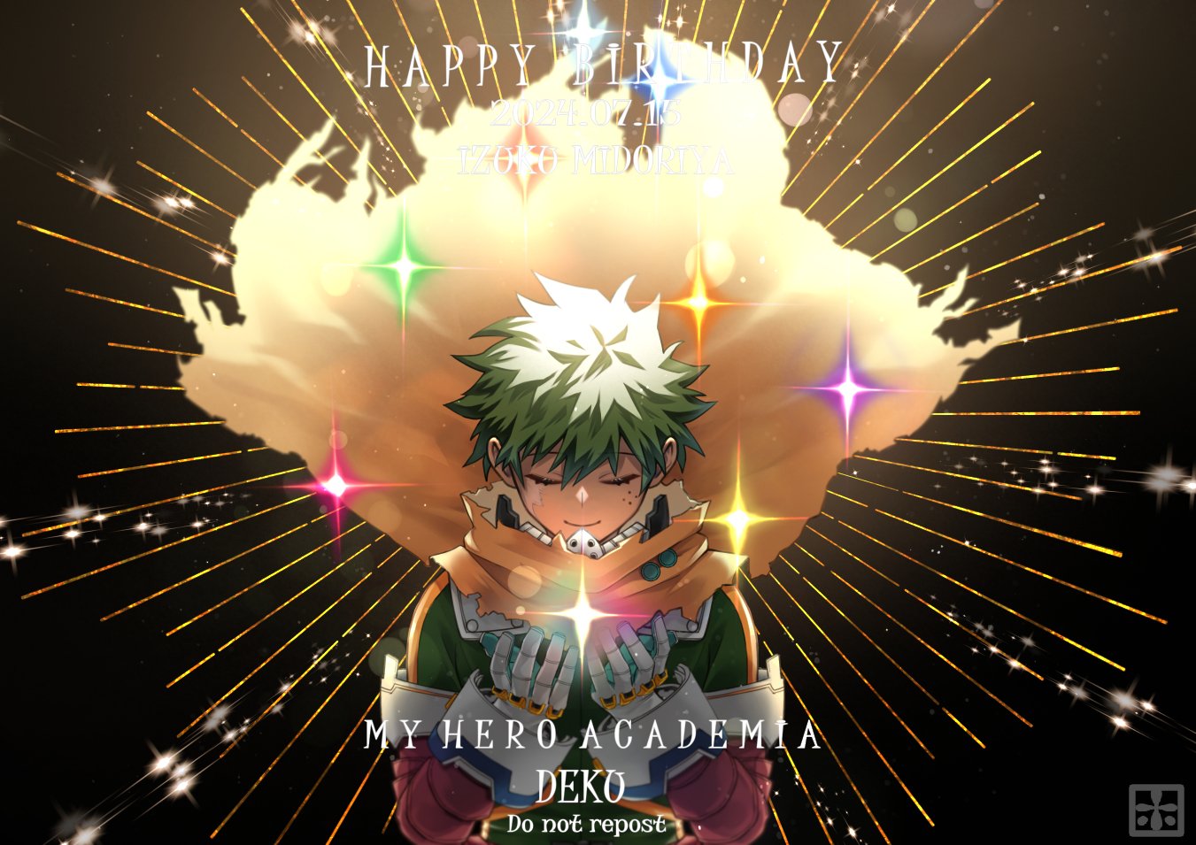 1boy, black_background, bodysuit, boku_no_hero_academia, cape, character_name, closed_eyes, closed_mouth, commentary_request, copyright_name, emphasis_lines, freckles, gloves, green_bodysuit, green_gloves, green_hair, hair_between_eyes, hands_up, ho_(dotto615), long_sleeves, male_focus, midoriya_izuku, scar, scar_on_face, short_hair, smile, solo, sparkle, superhero_costume, torn_cape, torn_clothes, two-tone_gloves, u_u, upper_body, white_gloves, yellow_cape