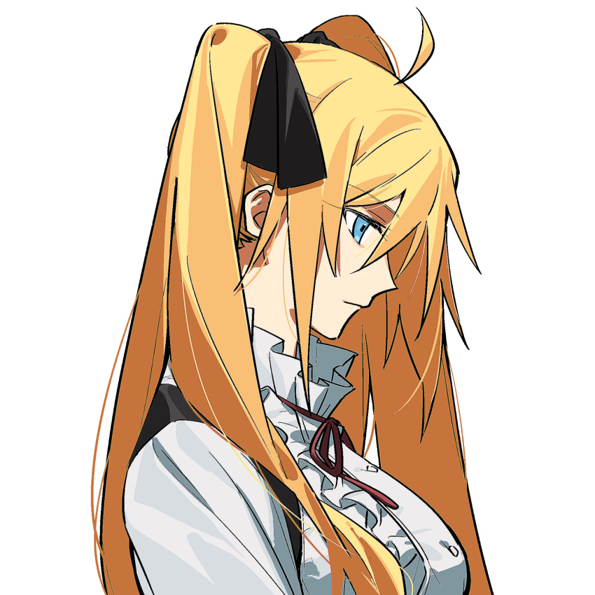 1girl, ahoge, angelica_ainsworth, black_ribbon, blonde_hair, blue_eyes, breasts, chietori