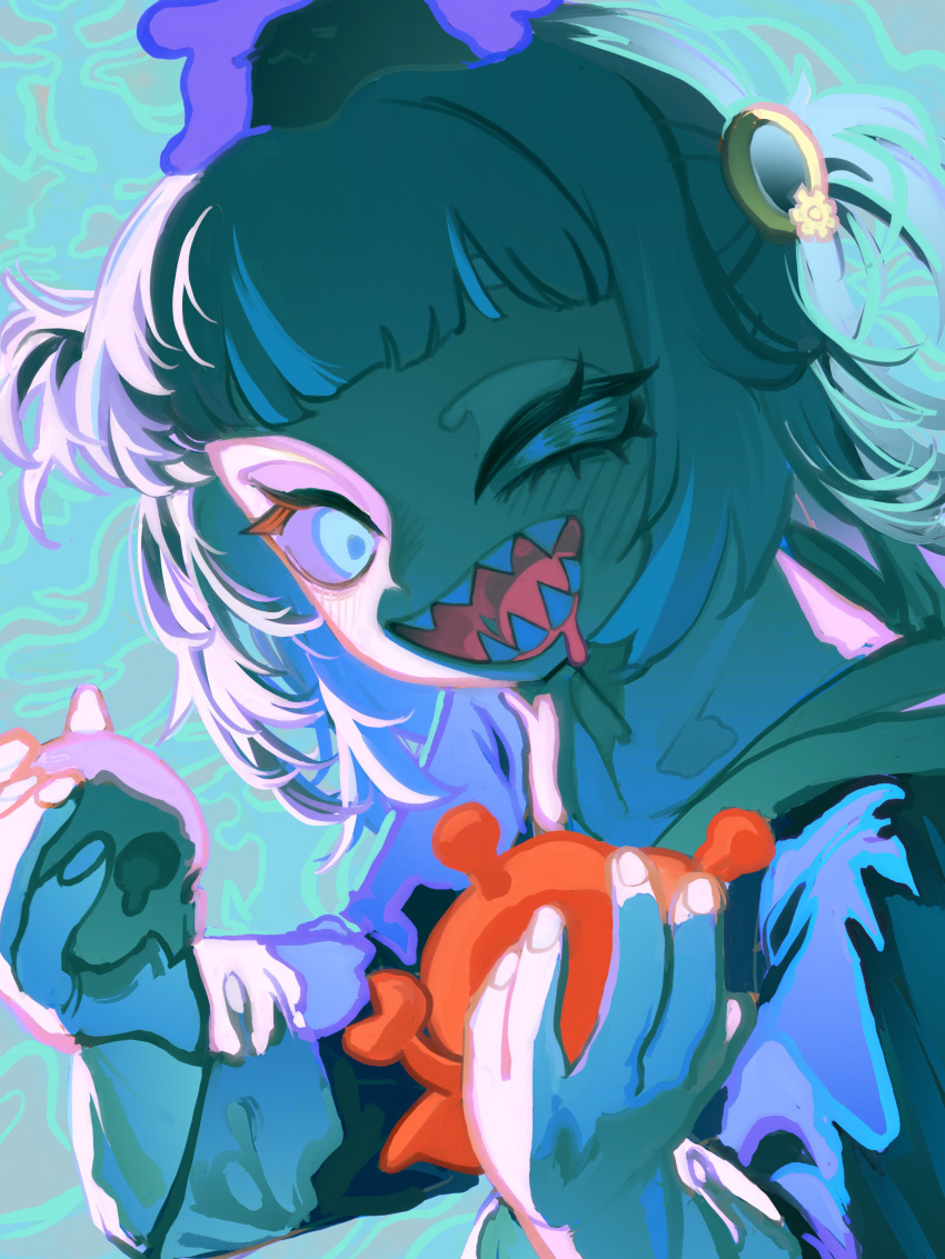 1girl, absurdres, blue_eyes, blue_hoodie, crabbywawa, deadbeat_(mori_calliope), gawr_gura, gawr_gura_(1st_costume)