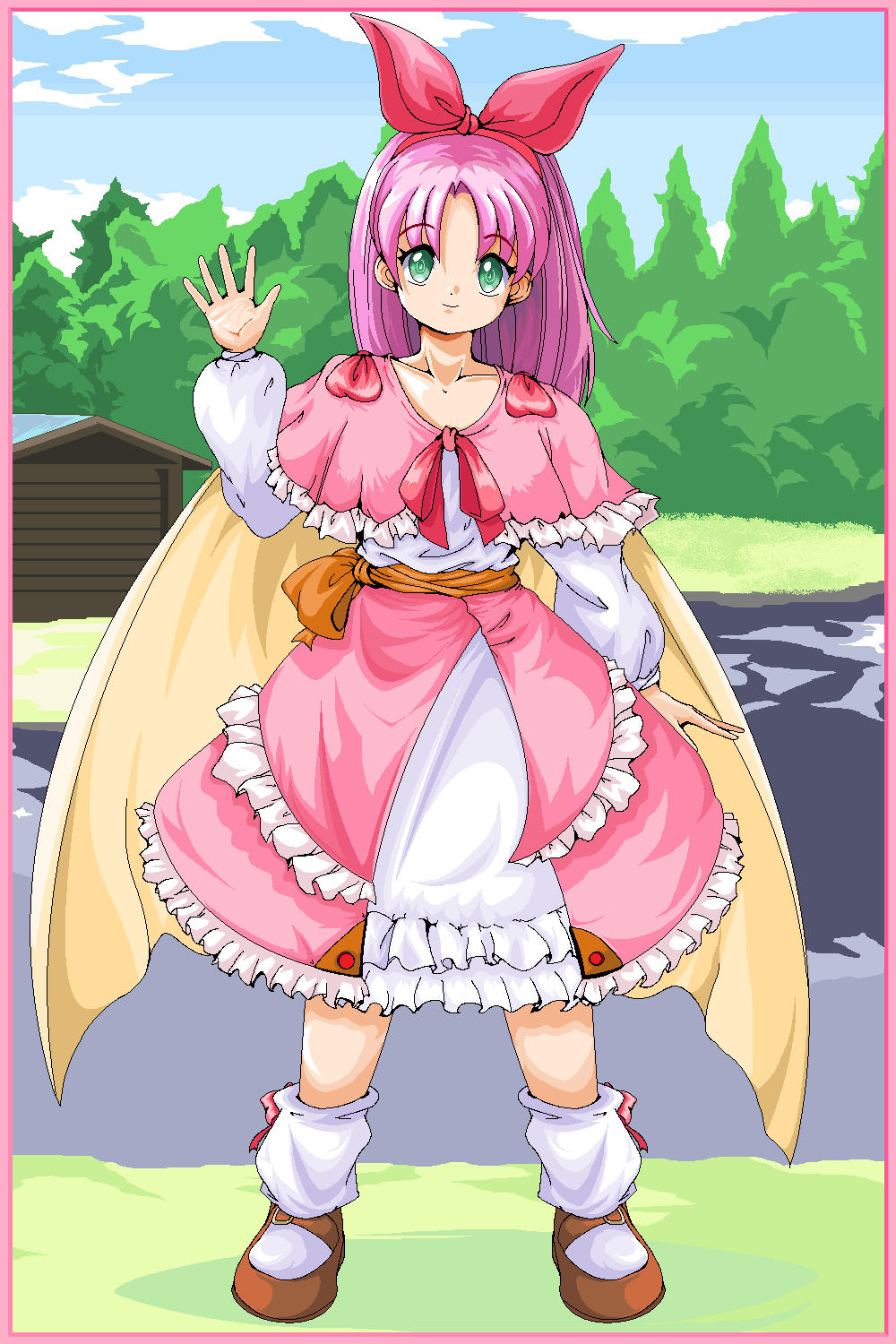1girl, bow, brown_shoes, cape, day, dress, frilled_dress, frills