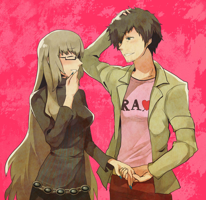 1girl, brown_hair, catherine_(game), closed_eyes, couple, eyes_closed, glasses, hand_holding