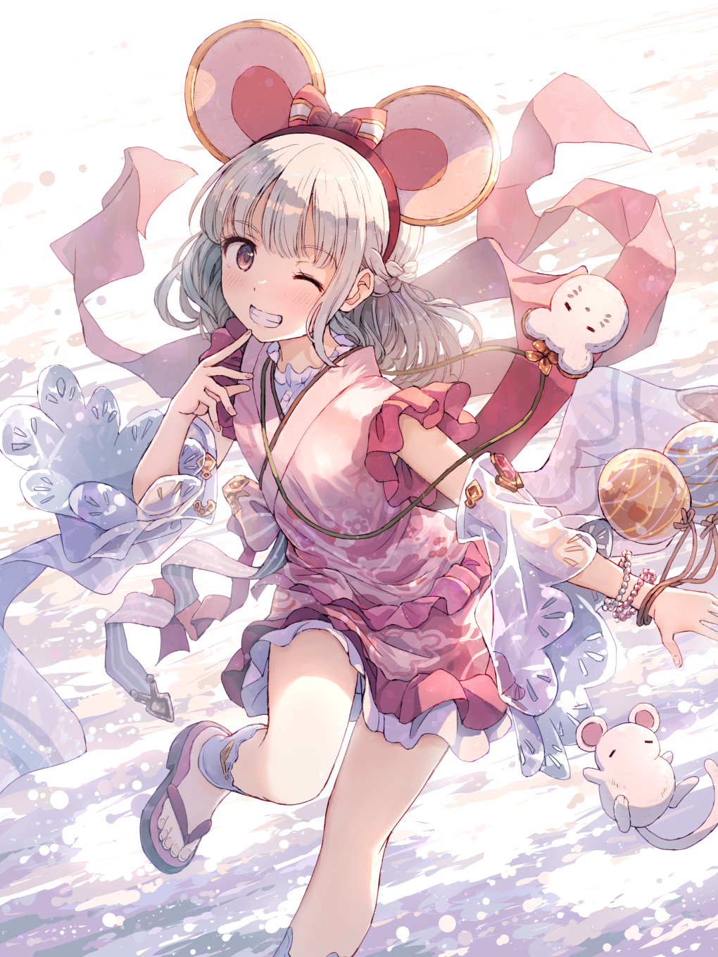 1girl, animal_ears, brown_eyes, fake_animal_ears, granblue_fantasy, highres, japanese_clothes, kimono, long_hair, one_eye_closed, post_guild_war_celebration, smile, solo, vikala_(granblue_fantasy), vikala_(yukata)_(granblue_fantasy), white_hair, yakka, yukata