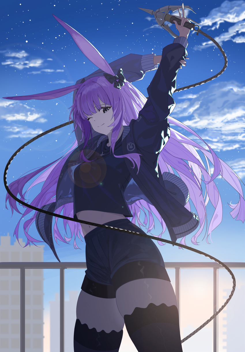 1girl, absurdres, animal_ears, arknights, arms_up, black_bow, black_jacket, black_shirt, black_shorts, black_thighhighs, blue_sky, bow, closed_mouth, clouds, cloudy_sky, cowboy_shot, grappling_hook, grey_eyes, hair_bow, highres, holding, jacket, lens_flare, long_hair, long_sleeves, looking_at_viewer, navel, one_eye_closed, open_clothes, open_jacket, purple_hair, rabbit_ears, rope_(arknights), rroc_(rrck11), shirt, shorts, sky, smile, solo, thigh-highs