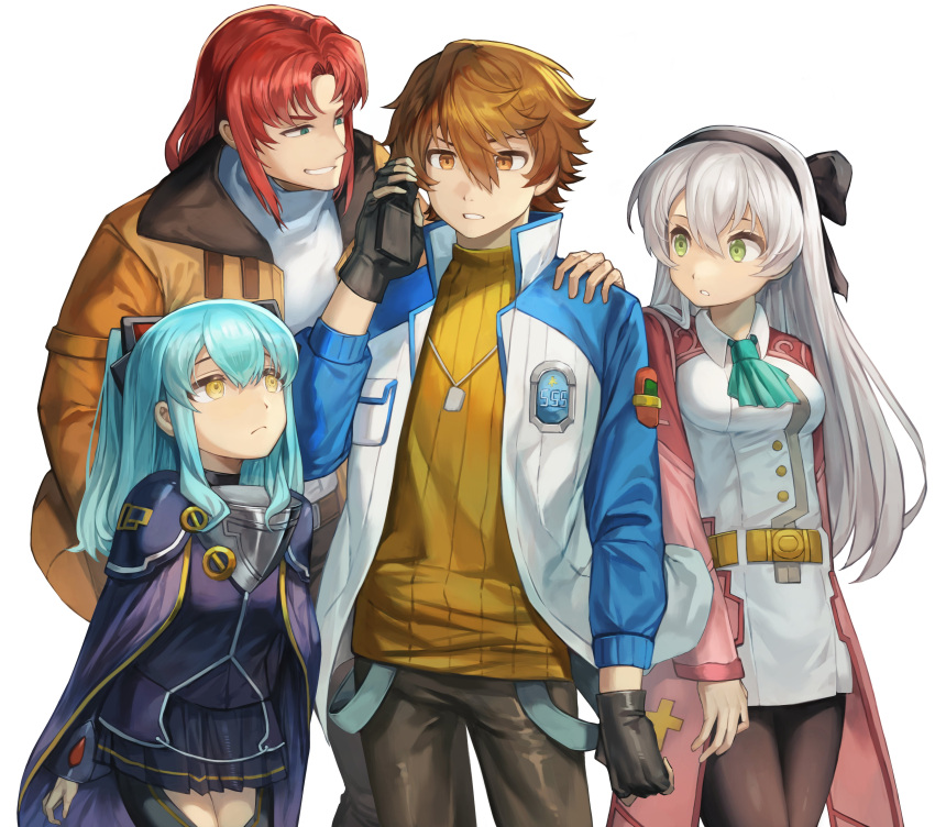 2boys, 2girls, absurdres, animal_ears, ascot, black_bow, black_gloves, black_hairband