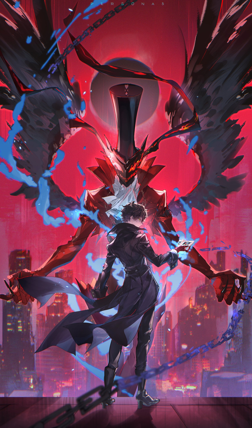 2boys, absurdres, arsene_(persona_5), black_coat, black_hair, black_wings, blue_fire, chain