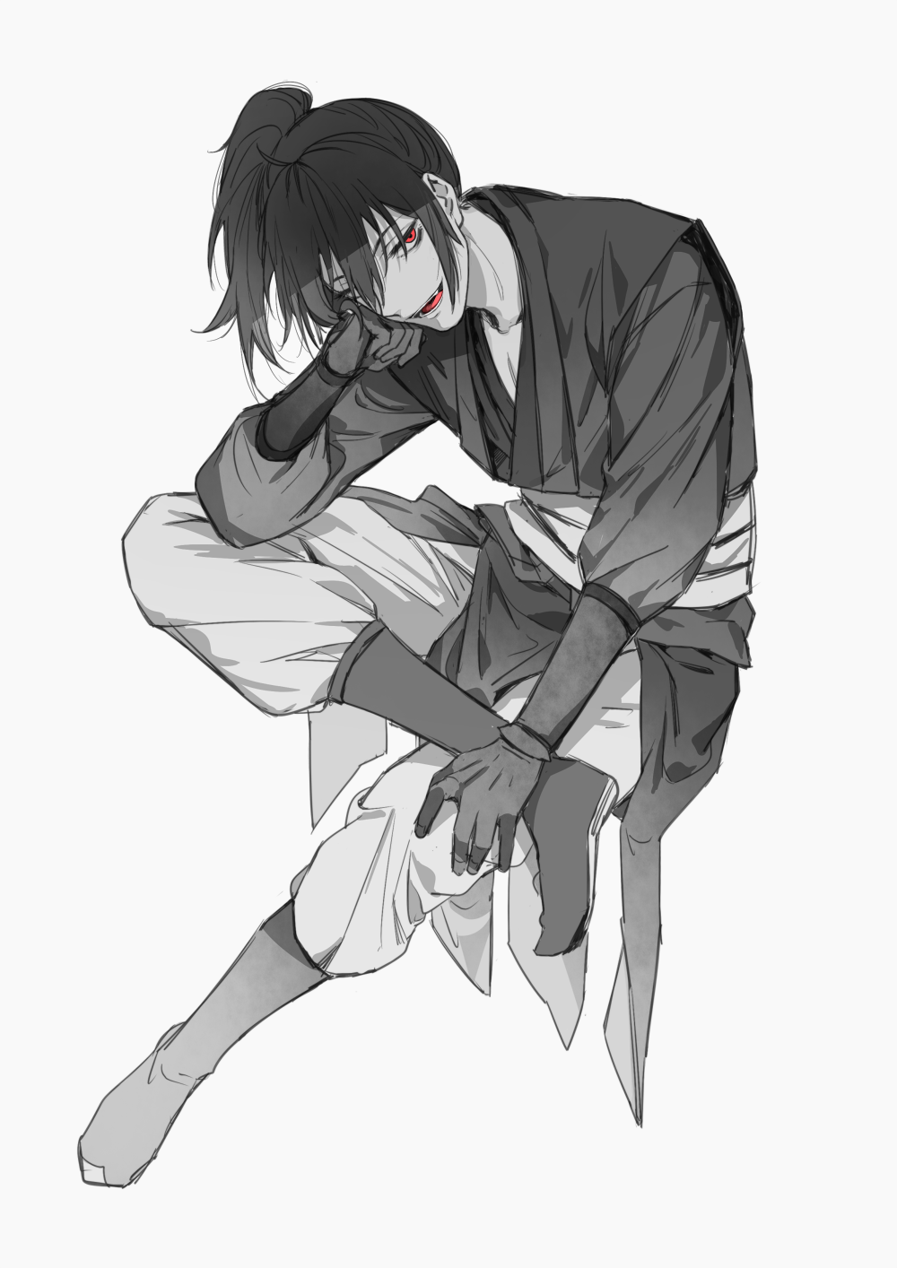 1boy, boots, chinese_clothes, chinese_commentary, crossed_legs, ddela, fang, full_body, gloves, hanfu, head_rest, high_ponytail, highres, invisible_chair, long_hair, looking_at_viewer, male_focus, modao_zushi, open_mouth, pants, partially_colored, ponytail, red_eyes, sash, sitting, smile, solo, spot_color, xue_yang