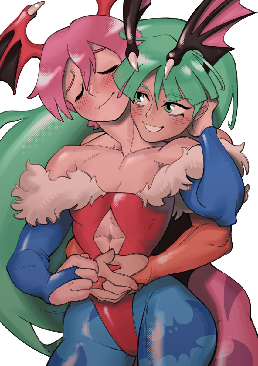 2girls, absurdres, animal_print, bat_print, bat_wings, blush, darkstalkers, green_eyes