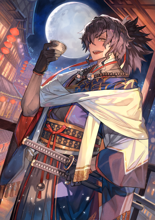 1boy, architecture, bead_necklace, beads, beard_stubble, black_gloves, black_hair, black_kimono