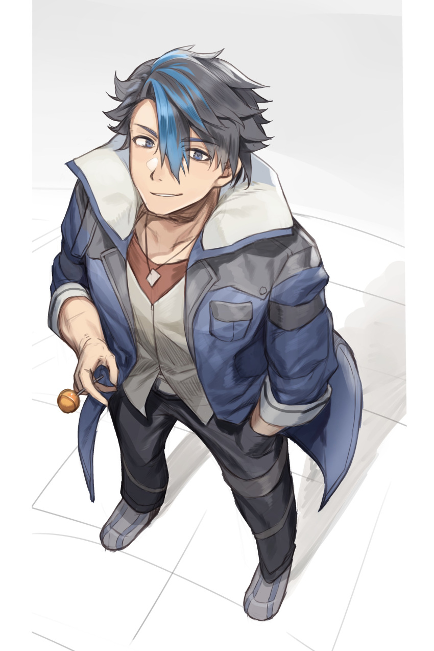 1boy, absurdres, black_hair, black_pants, blue_coat, blue_eyes, blue_hair, breast_pocket