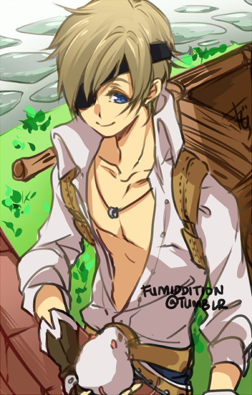 1boy, blacksmith_(ragnarok_online), blue_eyes, brick_wall, brown_hair, closed_mouth, collared_shirt, eyepatch