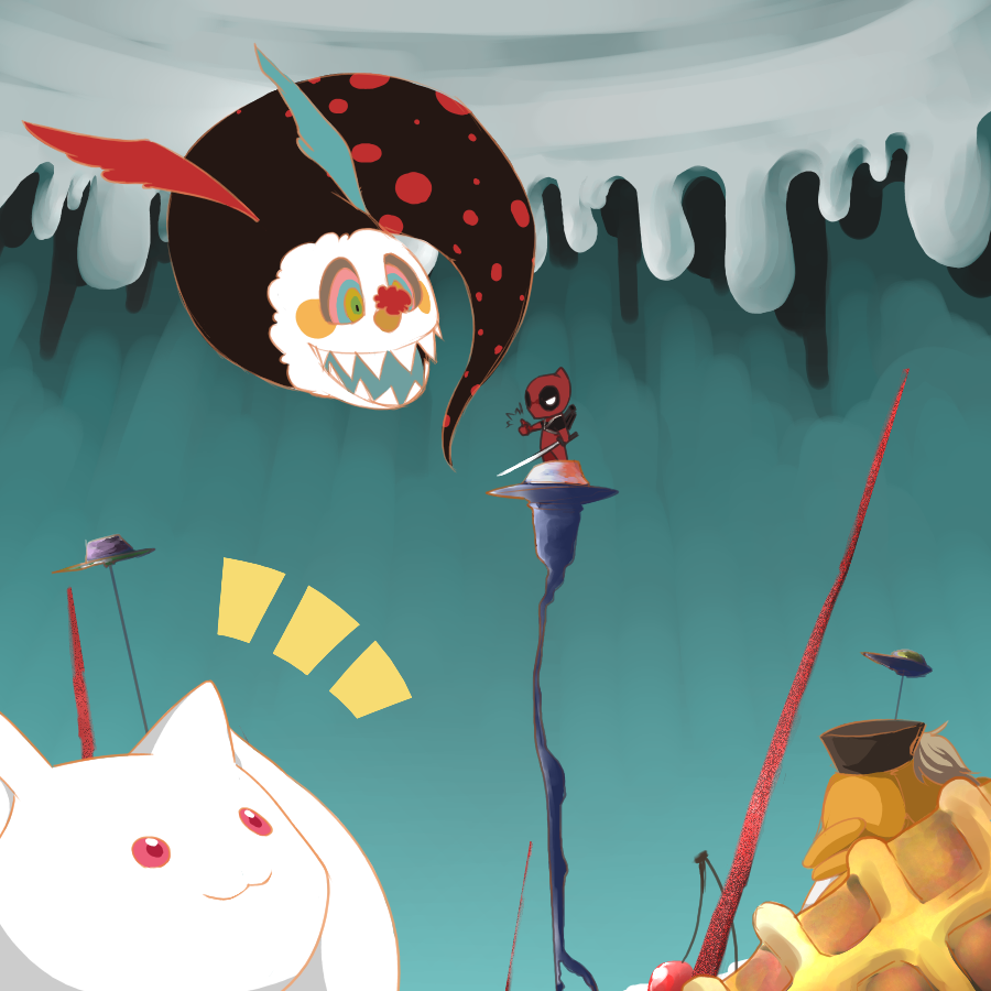 ajiameba, artist_request, character_request, charlotte_(madoka_magica), crossover, deadpool, hat, kyubey, kyuubee, magical_girl, mahou_shoujo_madoka_magica, marvel, sharp_teeth, sword, tomoe_mami, weapon, witch's_labyrinth