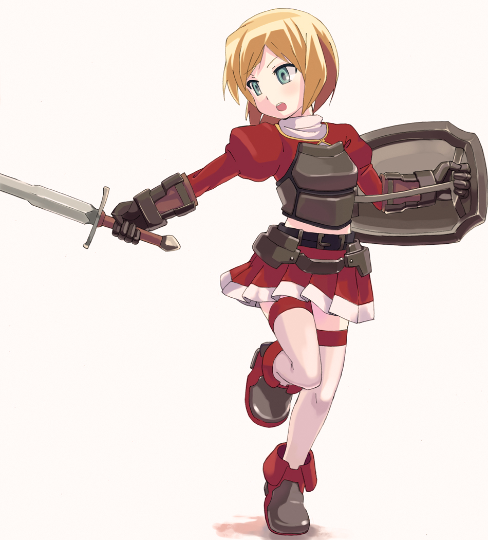 blush, breastplate, gloves, gogo_shichi-ji, open_mouth, original, running, shield