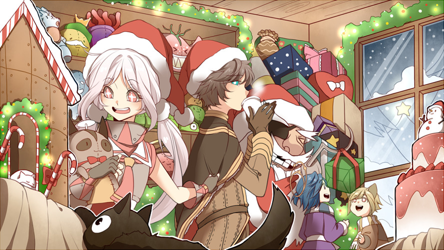 2boys, 2girls, alchemist_(ragnarok_online), black_cat, blue_eyes, box, brown_cape, brown_coat