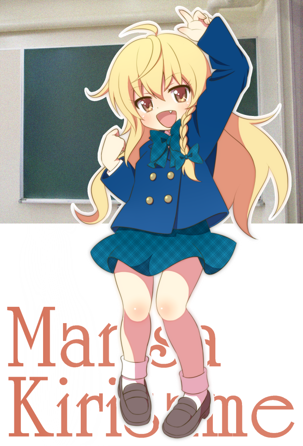 azuma_takeshi, blonde_hair, blush, braid, character_name, child, contemporary, fang