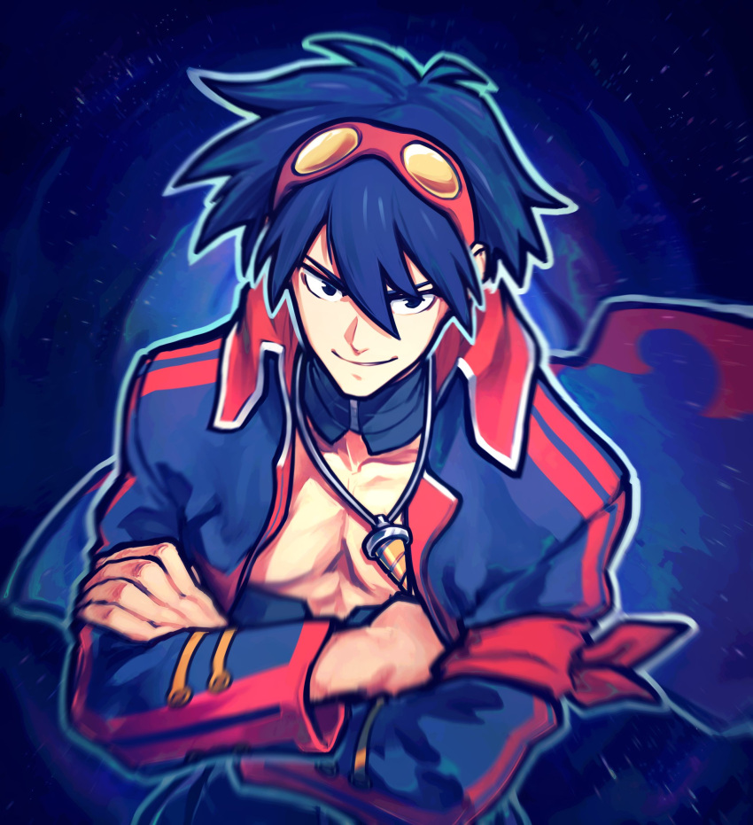 1boy, blue_hair, collar, drill, goggles, goggles_on_head, highres, kamina_pose, large_pectorals, male_focus, medium_hair, nominoparadox, pectorals, pointing, pointing_up, simon_(ttgl), smile, tengen_toppa_gurren_lagann