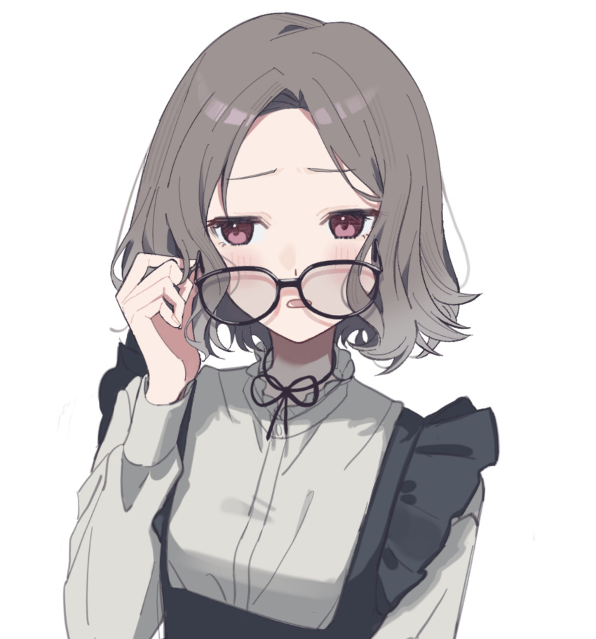 1girl, absurdres, adjusting_eyewear, black_ribbon, black_skirt, blush, brown_hair, commentary_request, ebizuka_tomo, girls_band_cry, glasses, highres, kuji_(orca9ji), long_sleeves, medium_hair, neck_ribbon, parted_lips, pink_eyes, ribbon, shirt, skirt, solo, suspender_skirt, suspenders, white_shirt