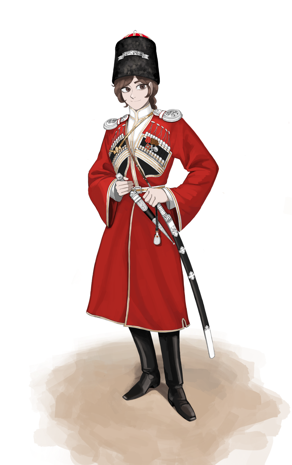 1girl, baldric, belt, belt_buckle, black_boots, boots, braid, brown_eyes, brown_hair, buckle, cherkeska, coat, cossack, cyrillic, dagger, epaulettes, full_body, fur_hat, gazyr, hat, high_collar, highres, holding, holding_dagger, holding_knife, holding_sword, holding_weapon, insignia, katyusha_(98269886), kindjal, knife, leather, leather_boots, long_sleeves, looking_at_viewer, medal, medium_hair, military, military_uniform, original, papakha, red_coat, ribbon_of_saint_george, russian_text, scabbard, shadow, shashka, sheath, shirt, smile, solo, standing, sword, sword_knot, tassel, weapon, white_background, white_epaulettes, white_shirt, wide_sleeves