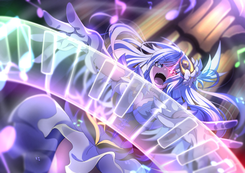 absurdres, angry, astral_dress, blue_eyes, blue_hair, crescent, crescent_hair_ornament, danlc2001, date_a_live, flower, from_below, hair_flower, hair_ornament, highres, idol_clothes, instrument, izayoi_miku, long_hair, music, musical_note, non-web_source, piano_keys, pipe_organ, playing_instrument