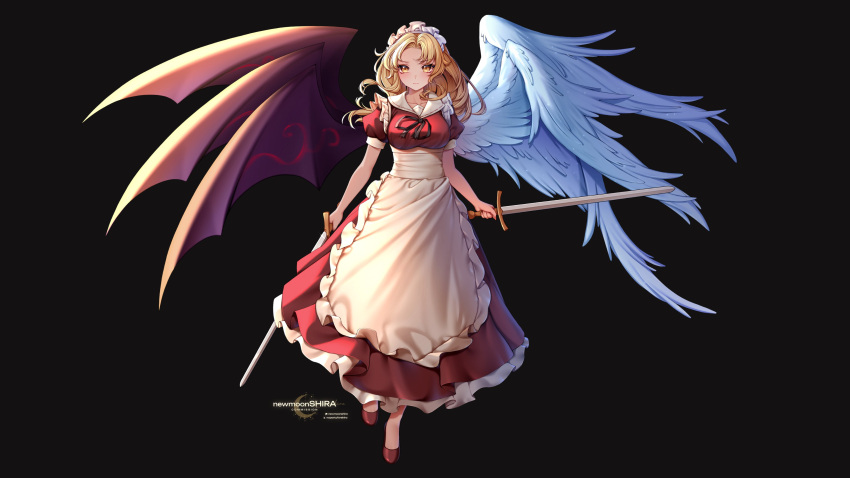 1girl, absurdres, angel_wings, apron, artist_name, asymmetrical_wings, black_background, blonde_hair