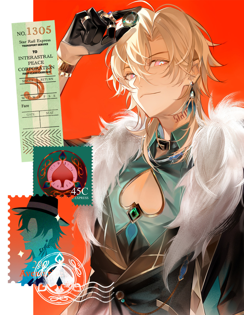 1boy, ahoge, aventurine_(honkai:_star_rail), blonde_hair, cleavage_cutout, clothing_cutout, earrings, fur_trim