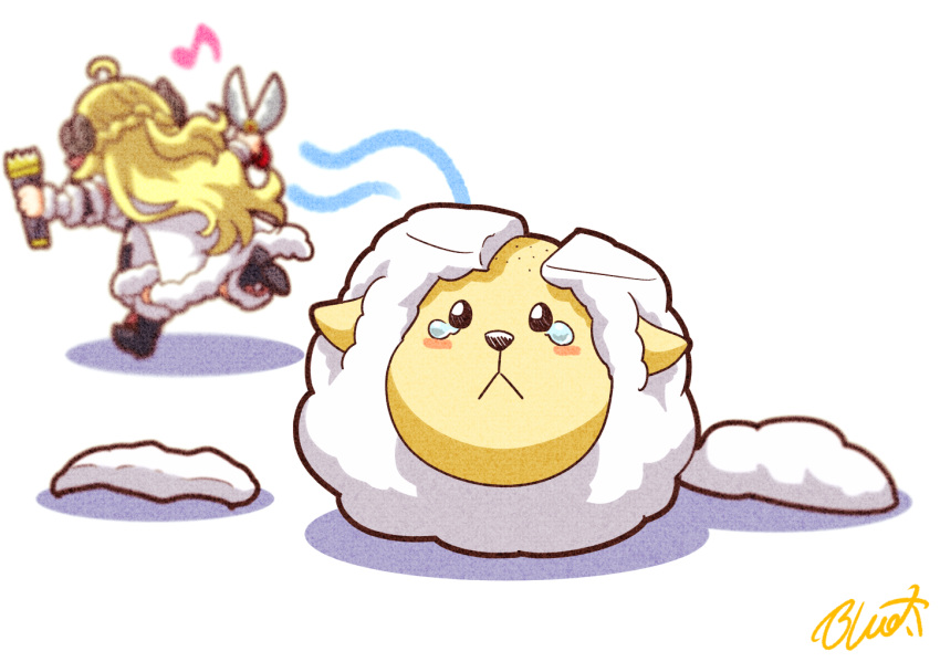 1girl, :<, animal_ears, bald_spot, blonde_hair, blurry, blurry_background, blush_stickers, braid, buru-dai, cape, commentary_request, crown_braid, dress, eighth_note, fur-trimmed_cape, fur-trimmed_dress, fur_trim, hair_clipper, holding, holding_hair_clipper, hololive, horns, musical_note, shears, sheep, sheep_ears, sheep_girl, sheep_horns, sheep_shears, signature, tears, tsunomaki_watame, virtual_youtuber, watamate, white_cape, white_dress