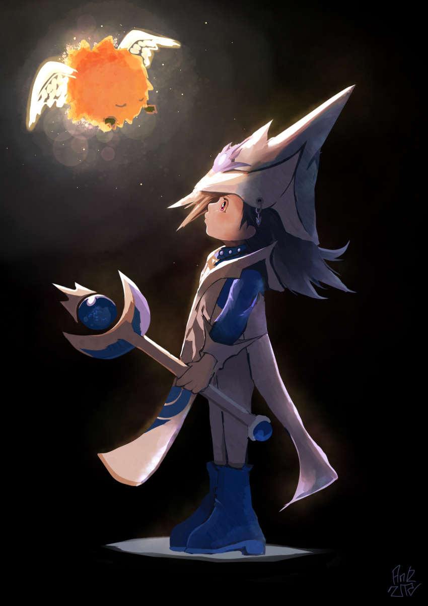 1girl, absurdres, black_background, blue_shoes, brown_fur, duel_monster, from_side, gloves, grey_hair, hat, highres, holding, holding_wand, long_hair, red_bean_donuts_(andnuts), shoes, silent_magician, silent_magician_lv4, simple_background, tabard, violet_eyes, wand, white_gloves, white_hat, white_tabard, winged_kuriboh, wings, wizard_hat, yu-gi-oh!