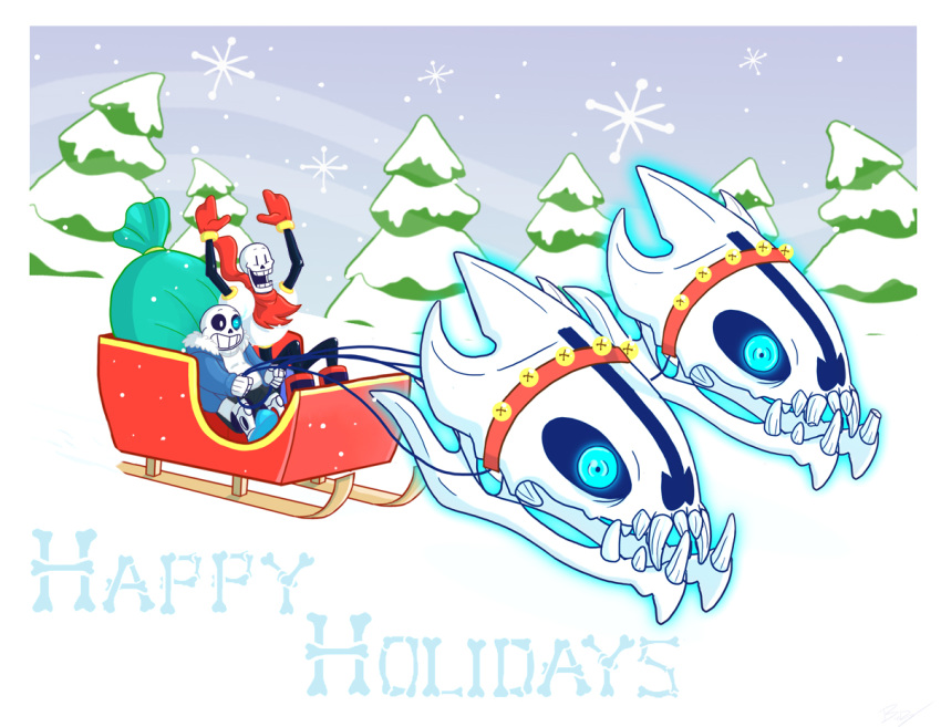 2015, 2boys, 2d, arms_up, black_pants, blue_jacket, blue_slippers, brothers, cape, christmas, commentary, digital_media, duo, english_commentary, english_text, gasterblaster, gloves, glowing, glowing_eye, happy_holidays, humanoid, jacket, male, male_only, monster, monster_boy, pants, papyrus_(undertale), pine_tree, red_boots, red_cape, red_gloves, sack, sans_(undertale), shorts, siblings, skeleton, skull, sleigh, slippers, snow, snowflakes, subzero-ryukami, teeth, text, tree, undead, undertale, utdr_(toby_fox)