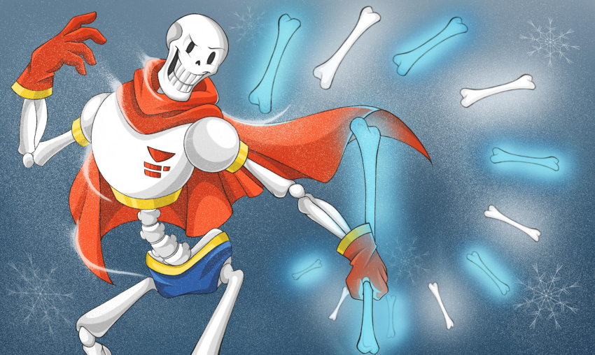1boy, 2016, 2d, aeyembe, armor, blue_background, blue_shorts, bone, cape, digital_media, gloves, glowing, highres, holding, holding_bone, humanoid, male, male_only, monster, monster_boy, papyrus_(undertale), red_cape, red_gloves, shorts, skeleton, snowflakes, solo, teeth, undead, undertale, utdr_(toby_fox), white_armor