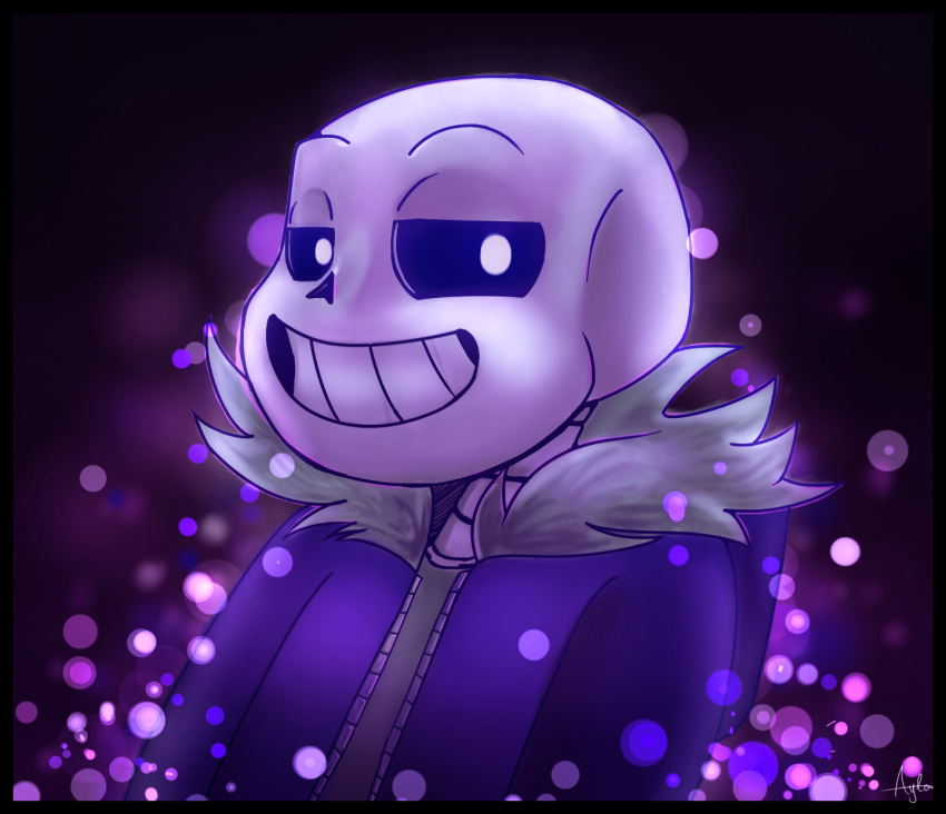1boy, 2016, 2d, black_border, blue_jacket, border, dark_background, digital_media, fur-trimmed_jacket, fur_trim, grey_shirt, half-closed_eyes, humanoid, jacket, looking_at_viewer, male, male_only, monster, monster_boy, open_jacket, oszvalt100, portrait, sans_(undertale), shirt, signature, skeleton, solo, teeth, undead, undertale, utdr_(toby_fox)
