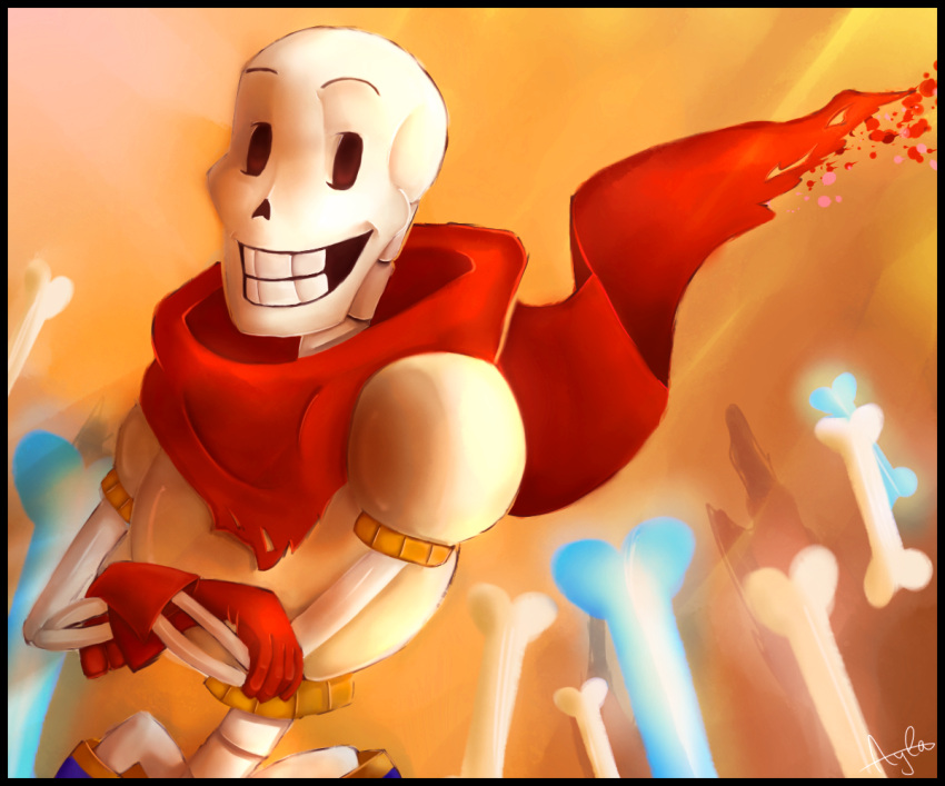 1boy, 2016, 2d, armor, black_border, blue_shorts, bone, border, crossed_arms, digital_media, gloves, humanoid, looking_at_viewer, male, male_only, monster, monster_boy, orange_background, oszvalt100, papyrus_(undertale), red_gloves, red_scarf, scarf, shorts, signature, simple_background, skeleton, solo, teeth, undead, undertale, upper_body, utdr_(toby_fox), white_armor